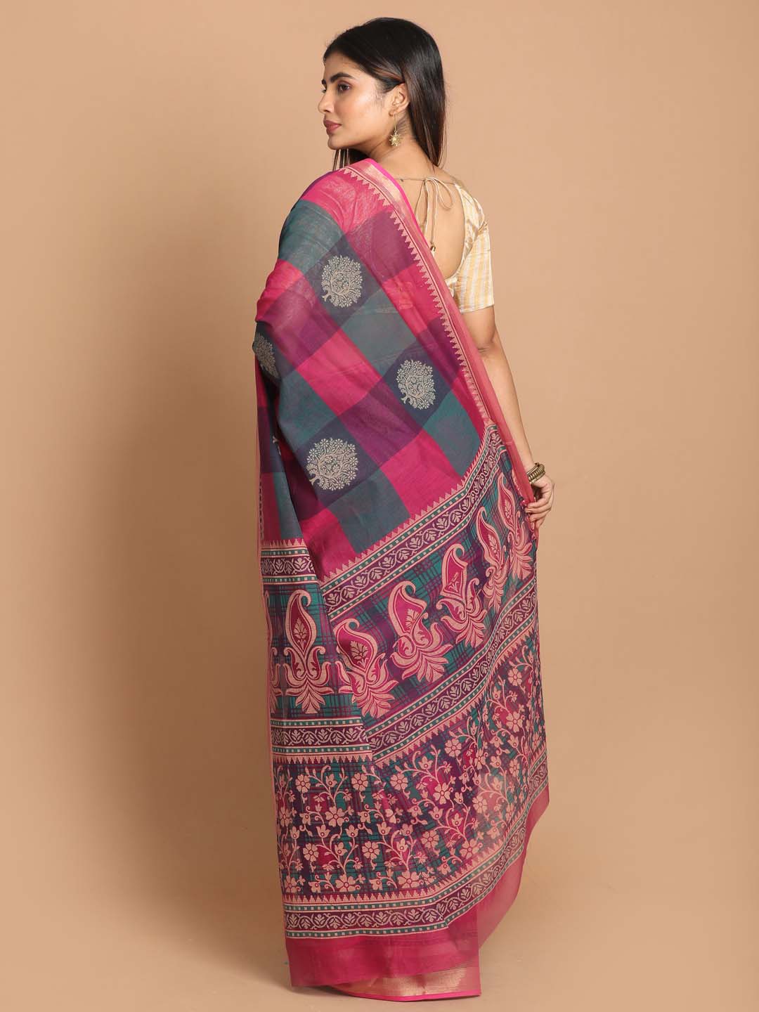 Indethnic Printed Cotton Blend Saree in Magenta - View 3