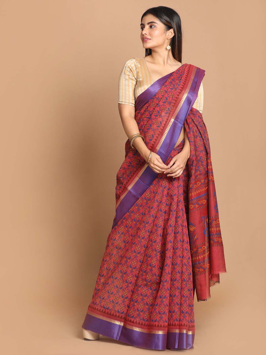 Indethnic Printed Cotton Blend Saree in Magenta - View 1