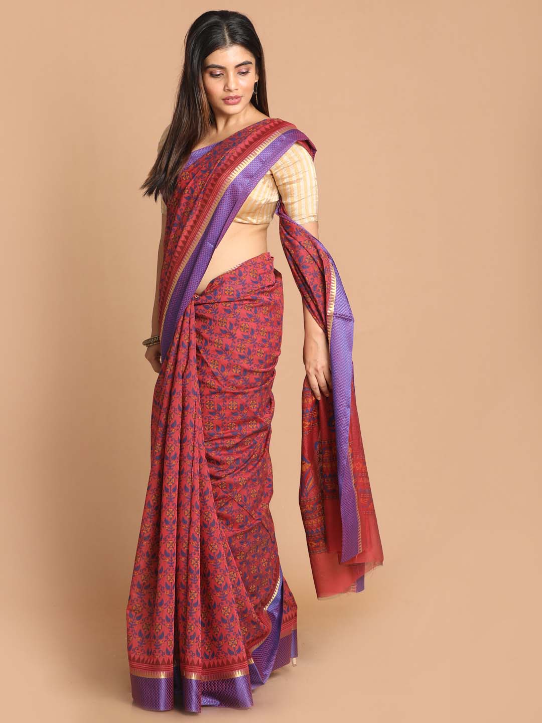 Indethnic Printed Cotton Blend Saree in Magenta - View 2