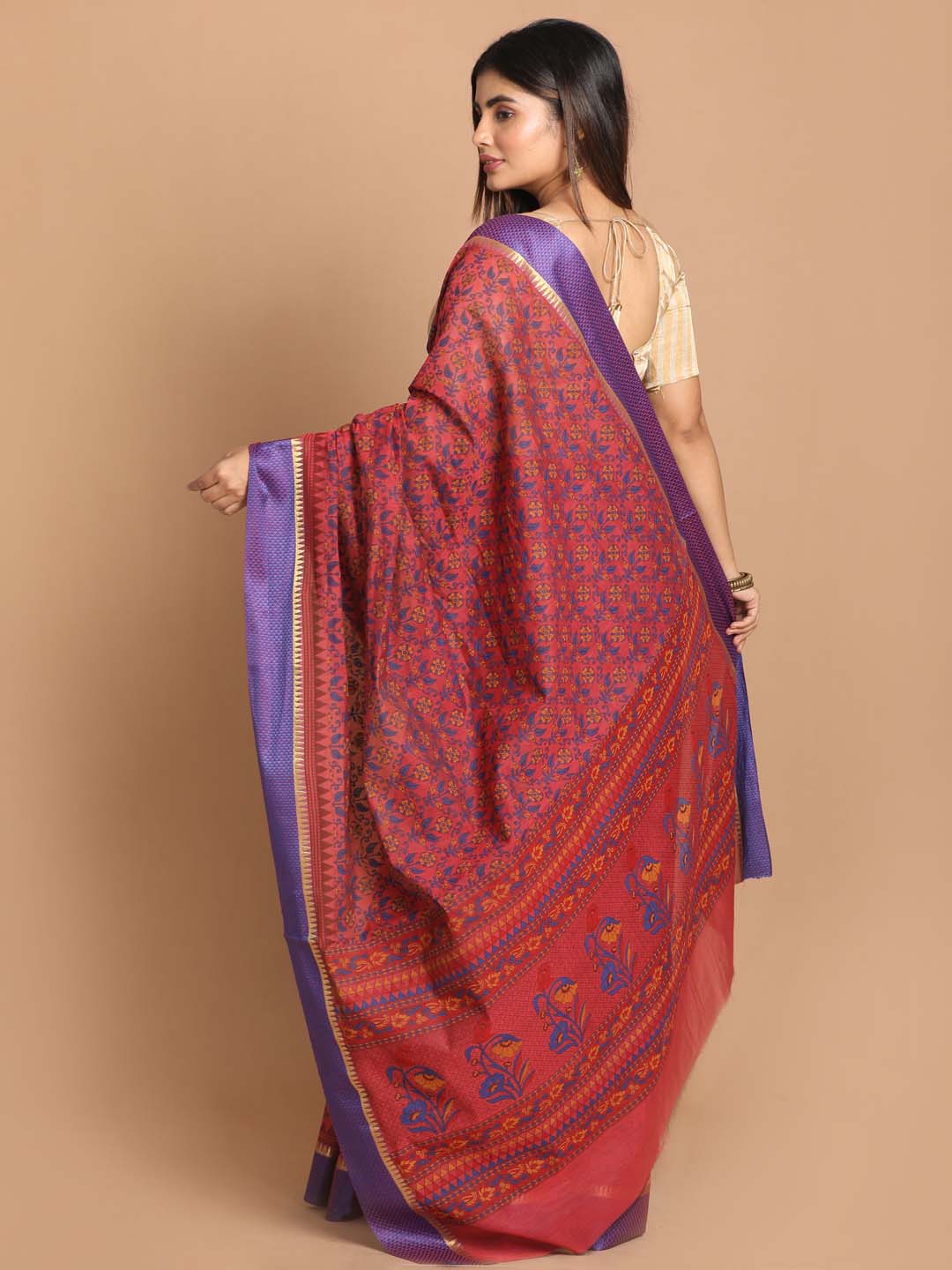 Indethnic Printed Cotton Blend Saree in Magenta - View 3