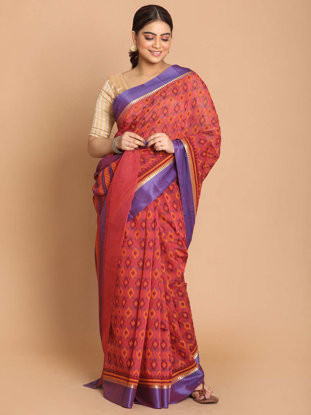 Indethnic Printed Cotton Blend Saree in Magenta - View 1