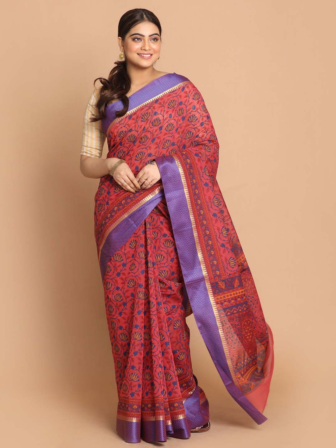 Indethnic Printed Cotton Blend Saree in Magenta - View 1