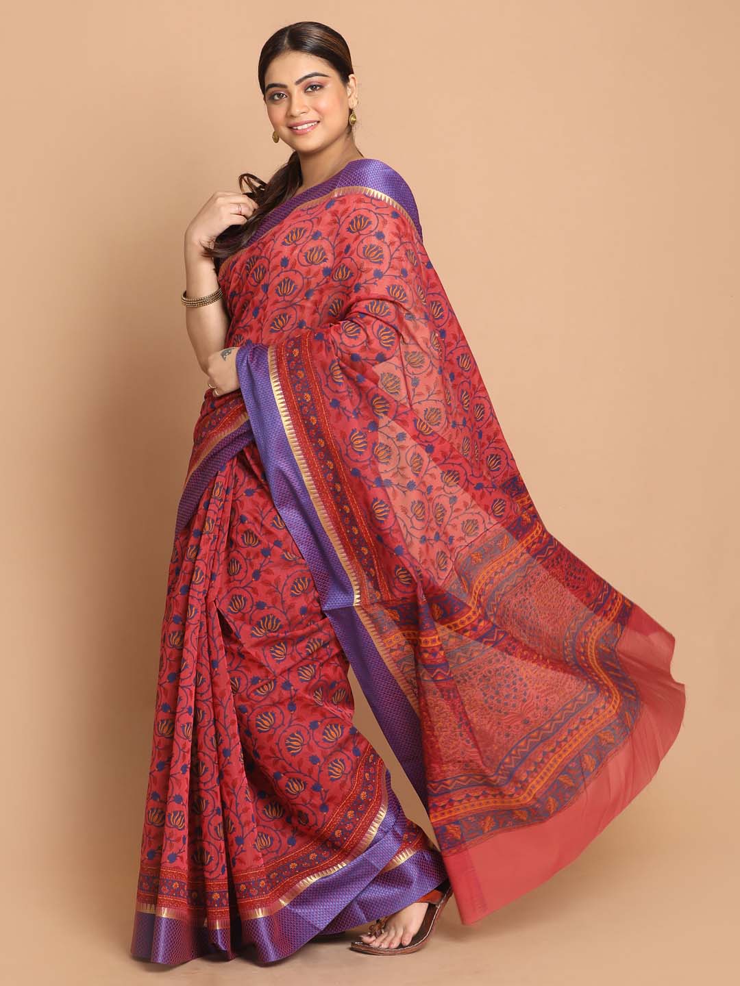 Indethnic Printed Cotton Blend Saree in Magenta - View 2