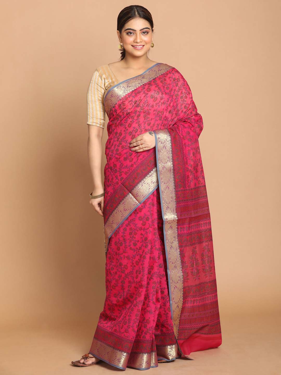 Indethnic Printed Cotton Blend Saree in Magenta - View 1