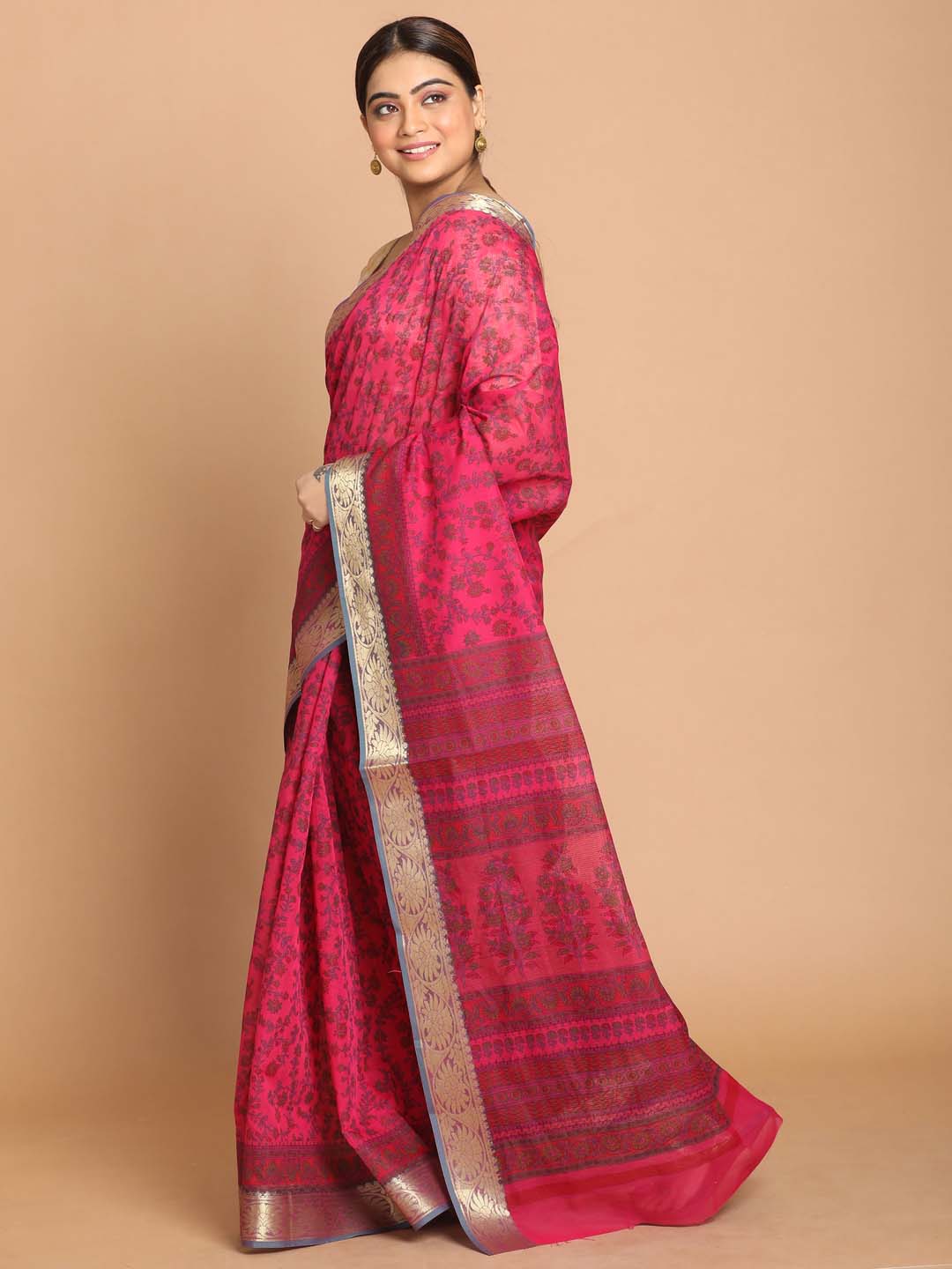 Indethnic Printed Cotton Blend Saree in Magenta - View 2