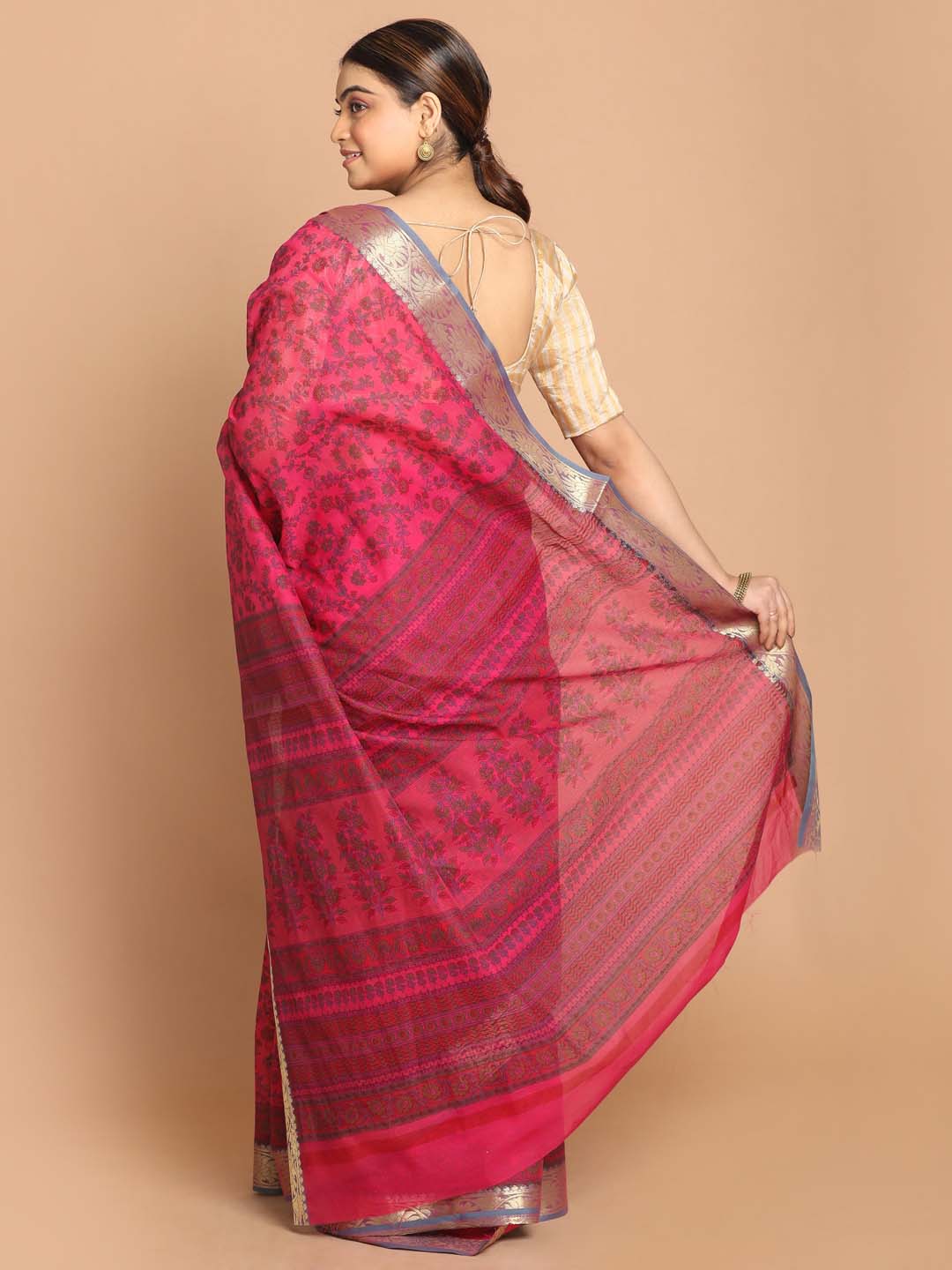 Indethnic Printed Cotton Blend Saree in Magenta - View 3