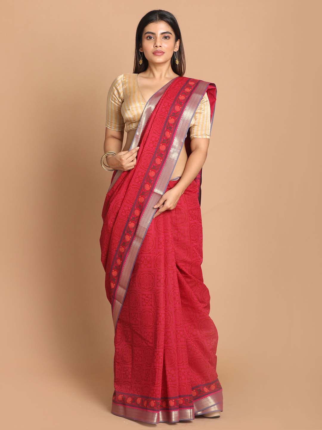 Indethnic Printed Cotton Blend Saree in Magenta - View 1