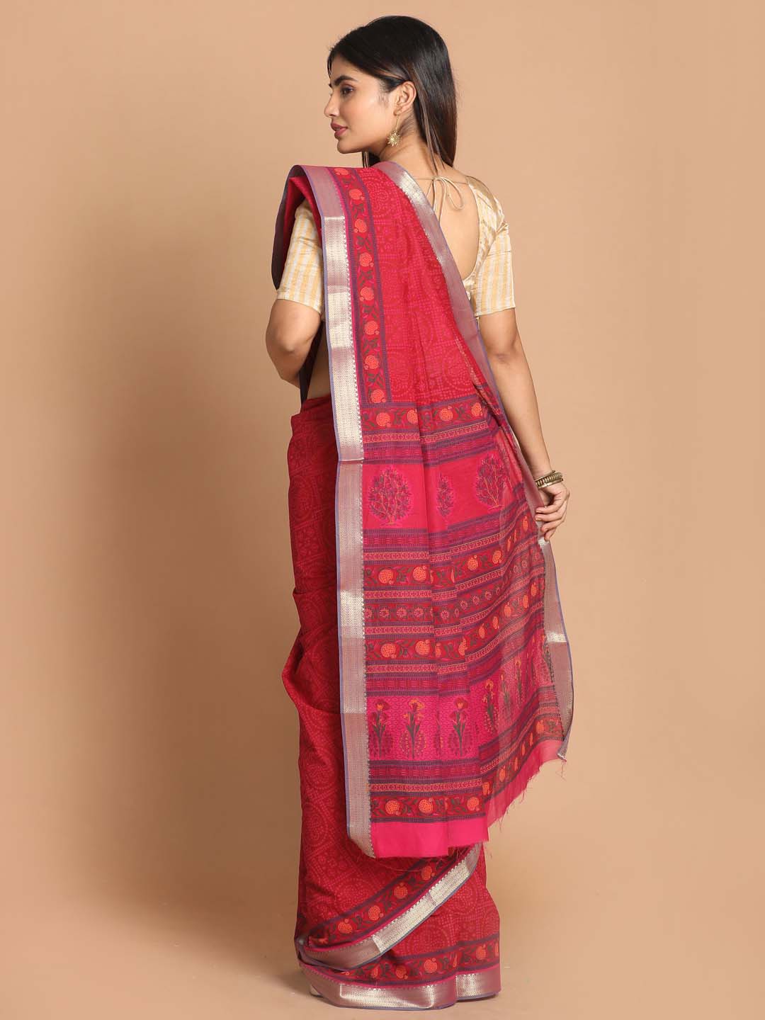 Indethnic Printed Cotton Blend Saree in Magenta - View 3