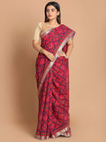 Indethnic Printed Cotton Blend Saree in Magenta - View 1