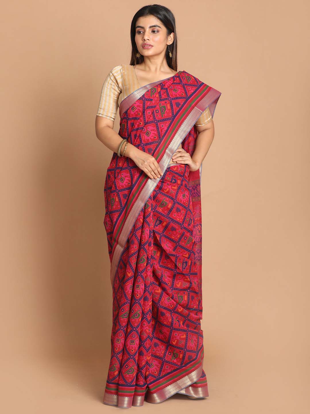 Indethnic Printed Cotton Blend Saree in Magenta - View 1