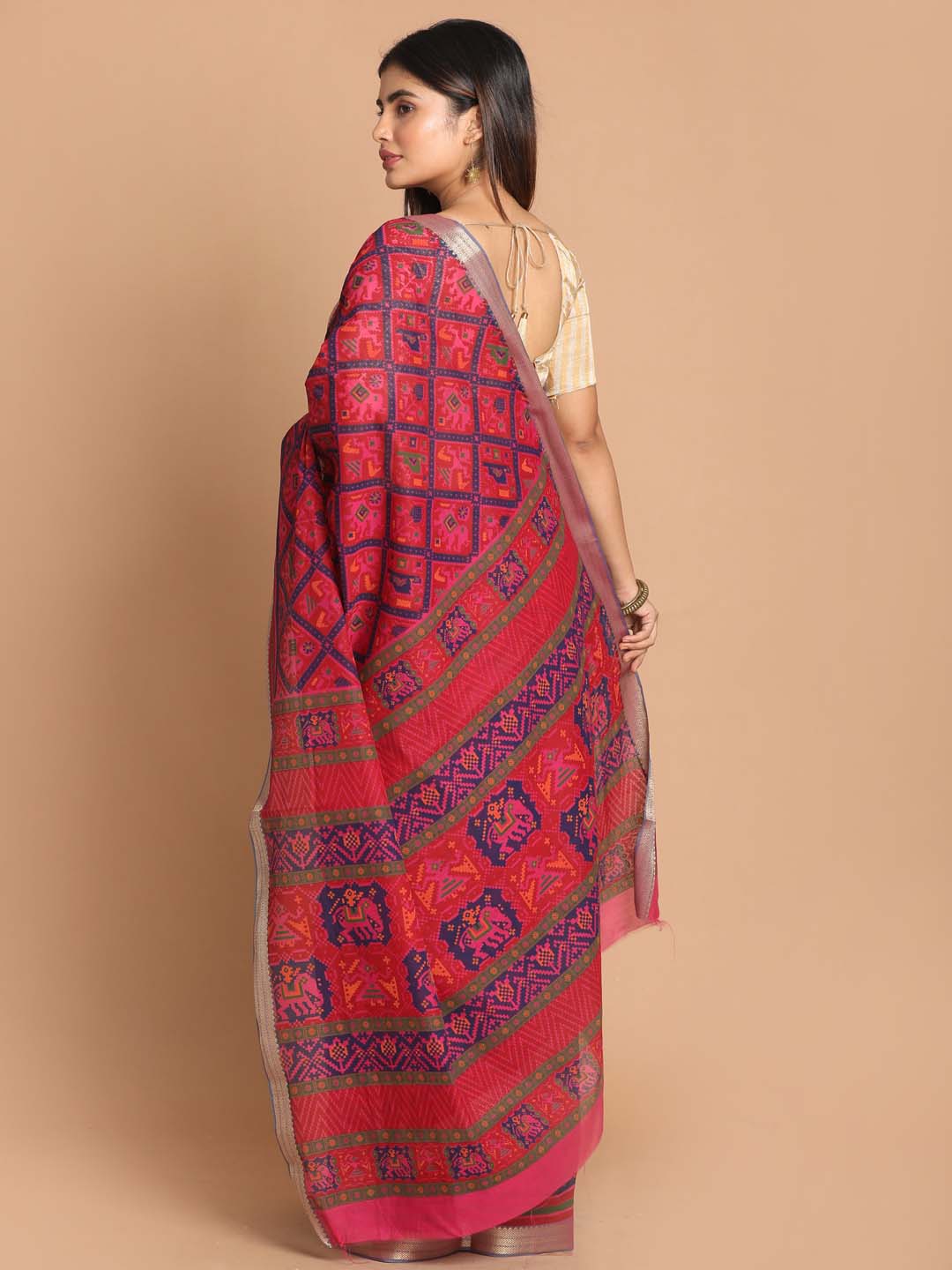 Indethnic Printed Cotton Blend Saree in Magenta - View 3