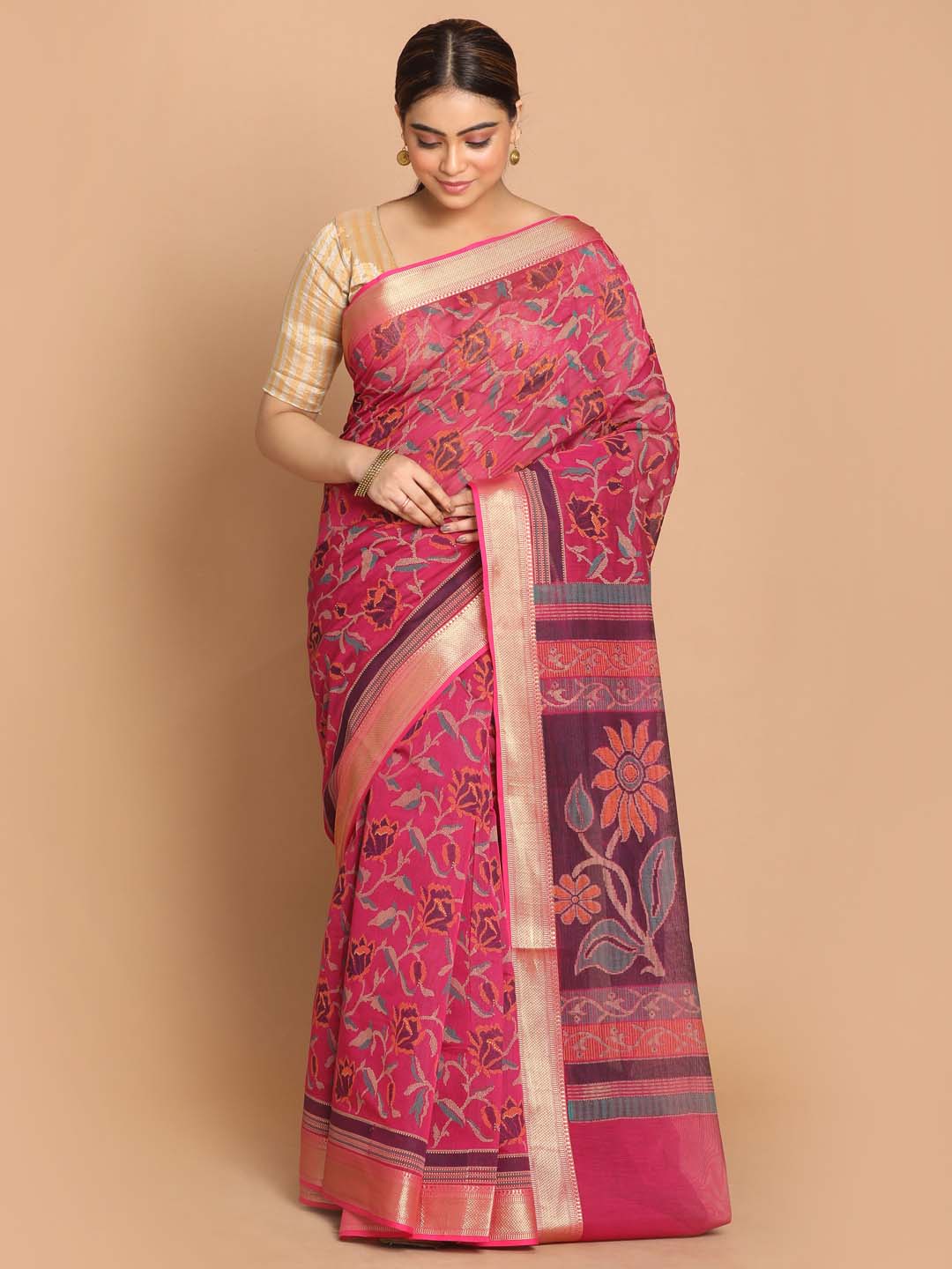 Indethnic Printed Cotton Blend Saree in Magenta - View 1