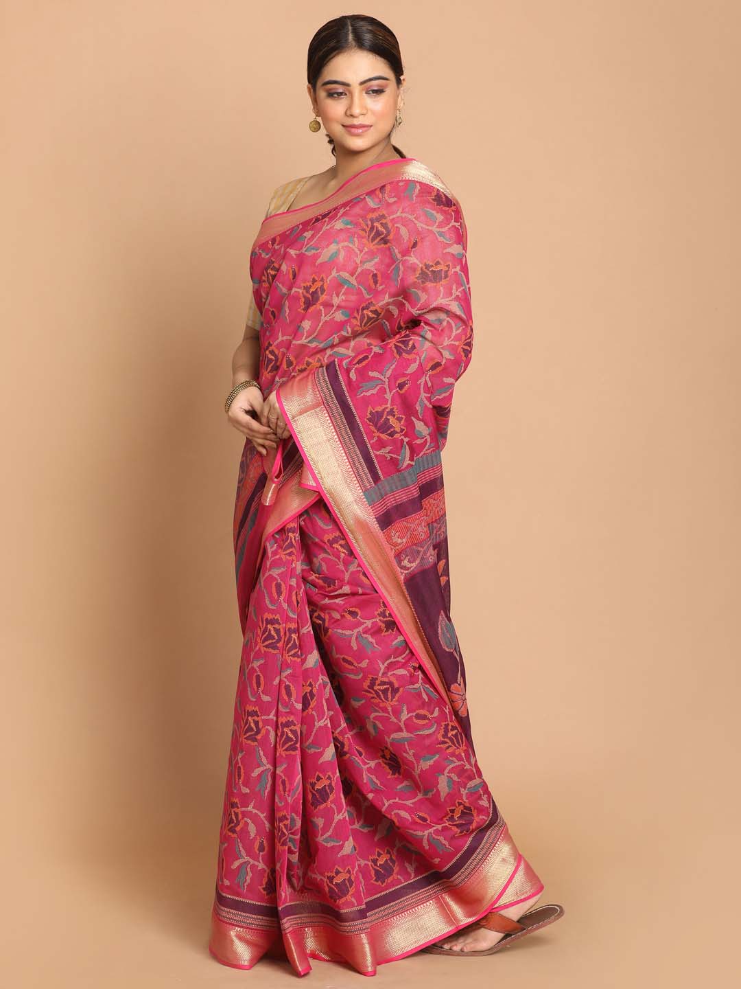 Indethnic Printed Cotton Blend Saree in Magenta - View 2