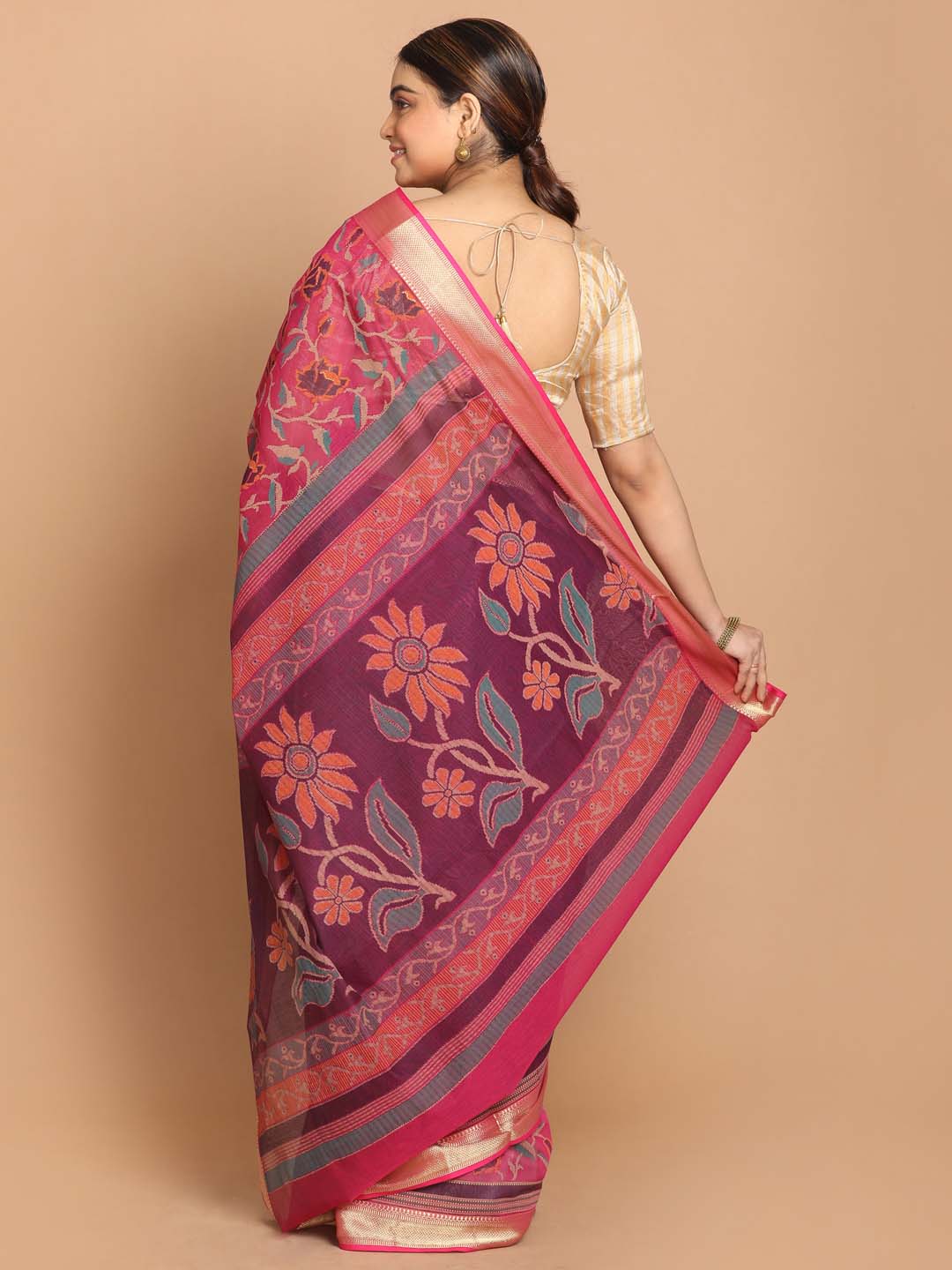 Indethnic Printed Cotton Blend Saree in Magenta - View 3