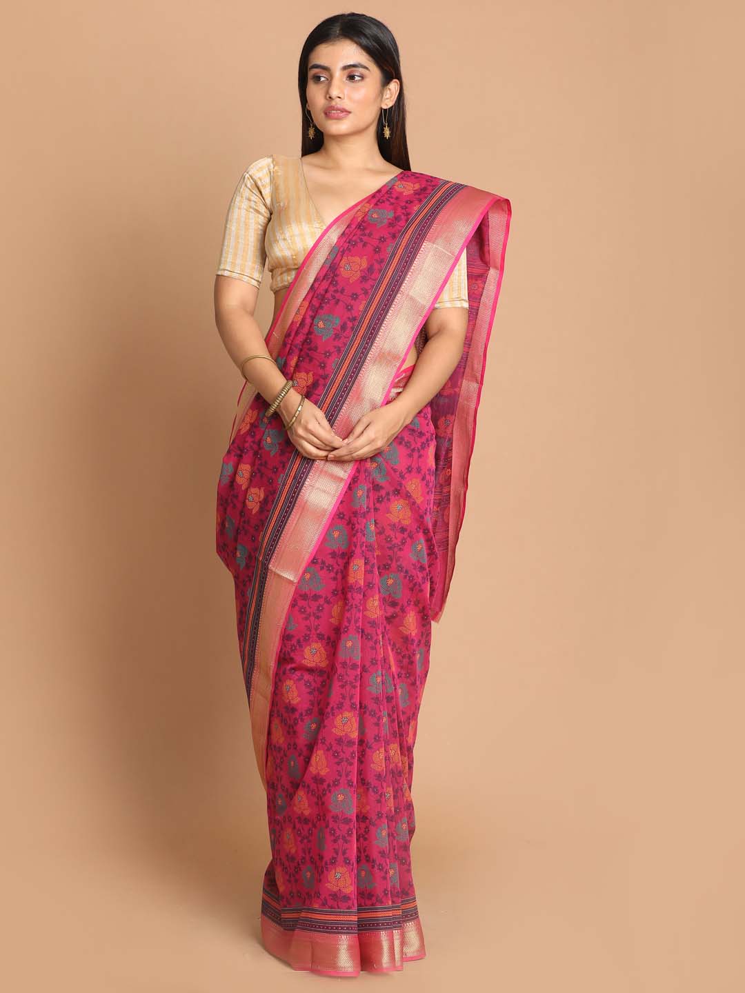 Indethnic Printed Cotton Blend Saree in Magenta - View 1