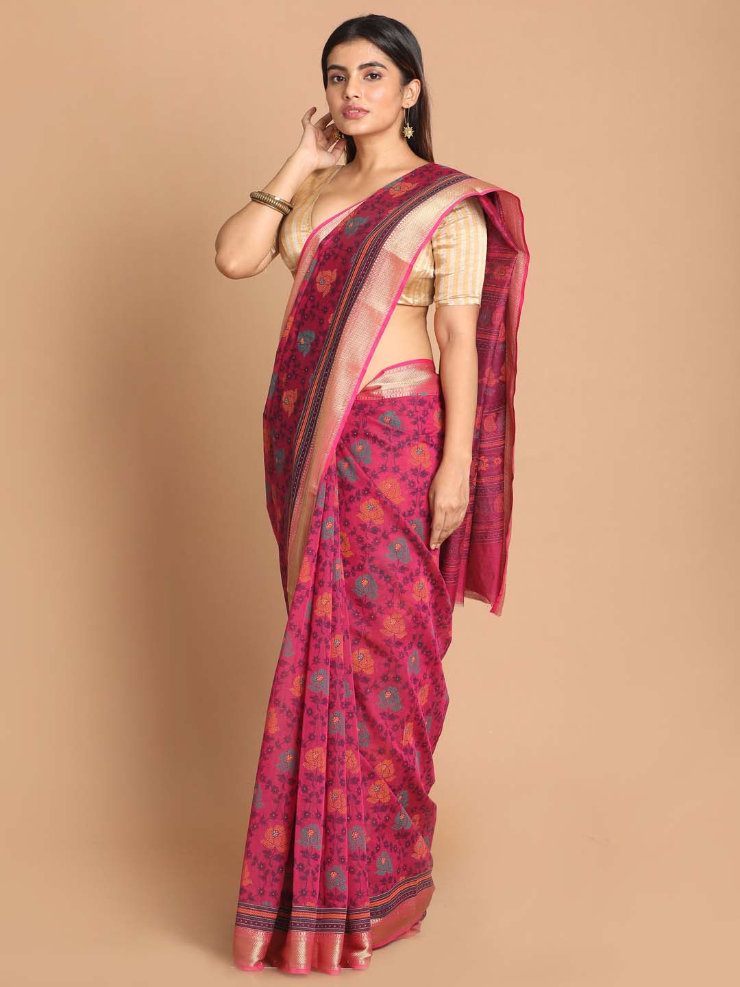 Indethnic Printed Cotton Blend Saree in Magenta - View 2