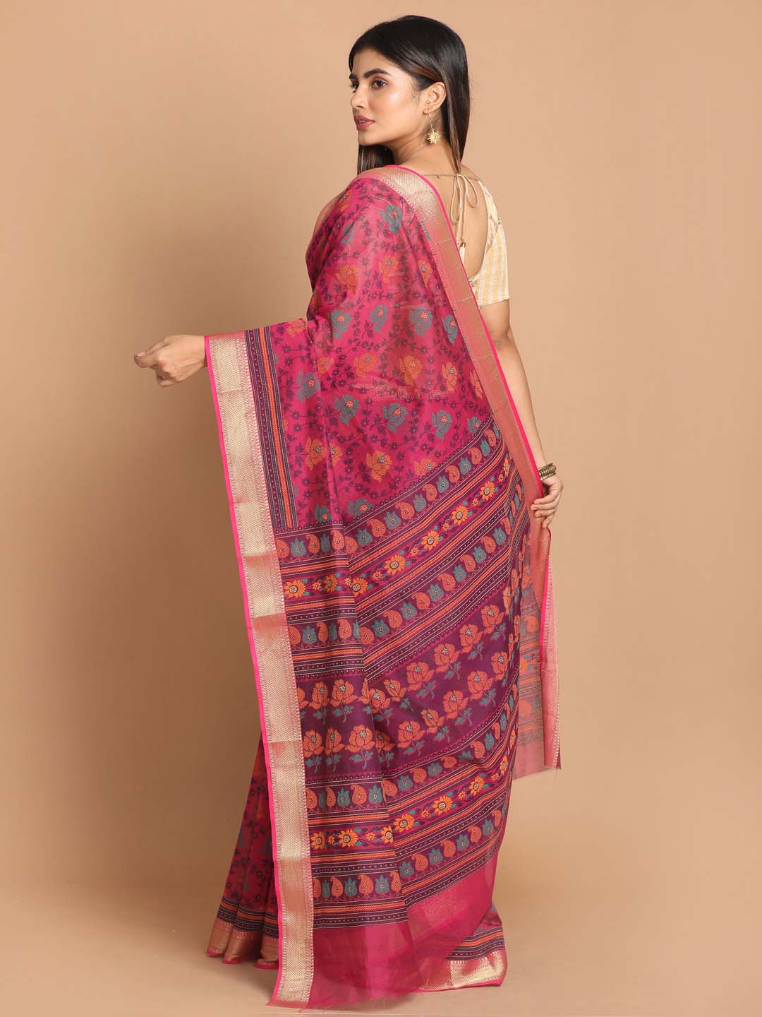 Indethnic Printed Cotton Blend Saree in Magenta - View 3