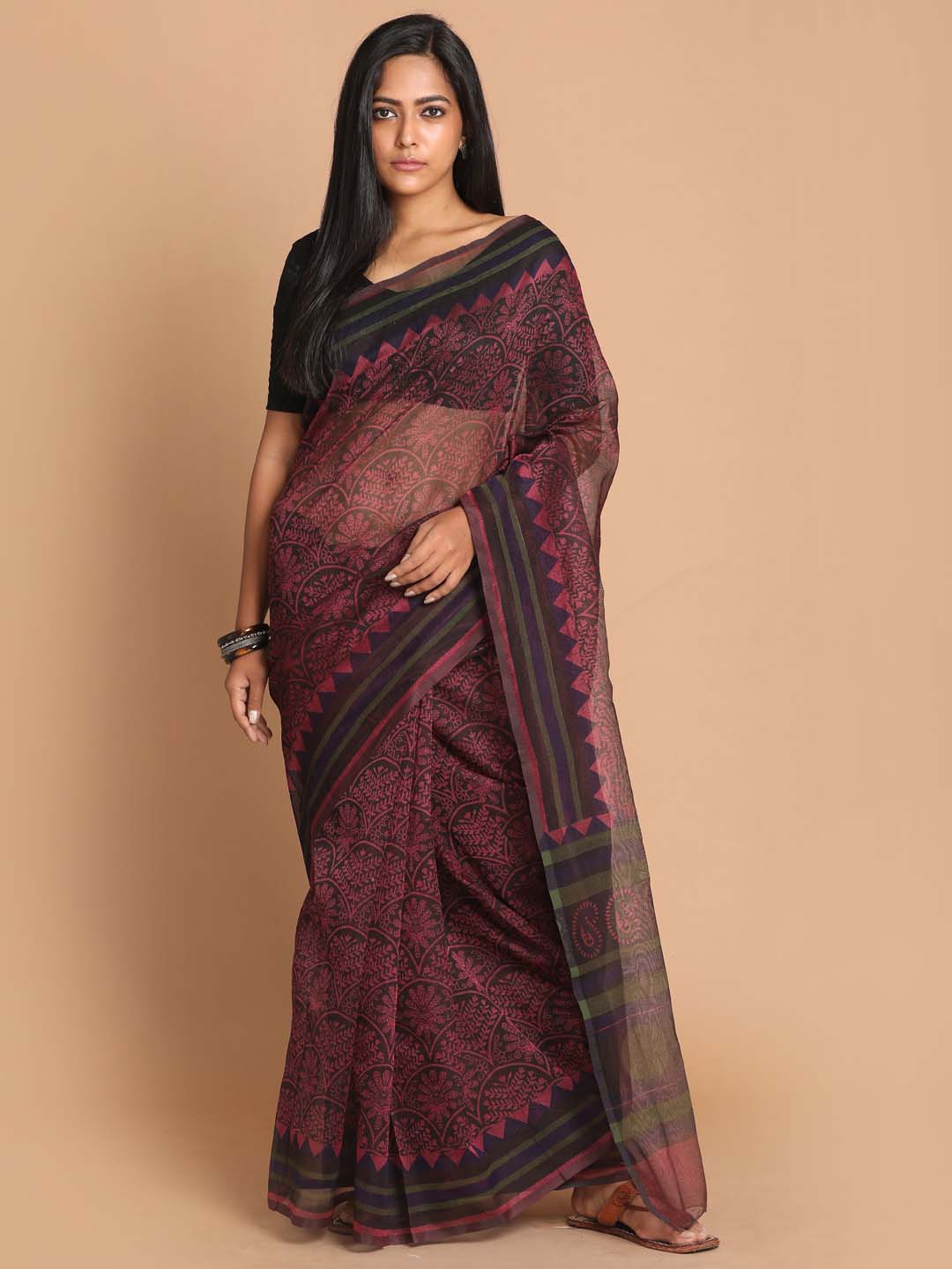 Indethnic Printed Cotton Blend Saree in Magenta - View 1