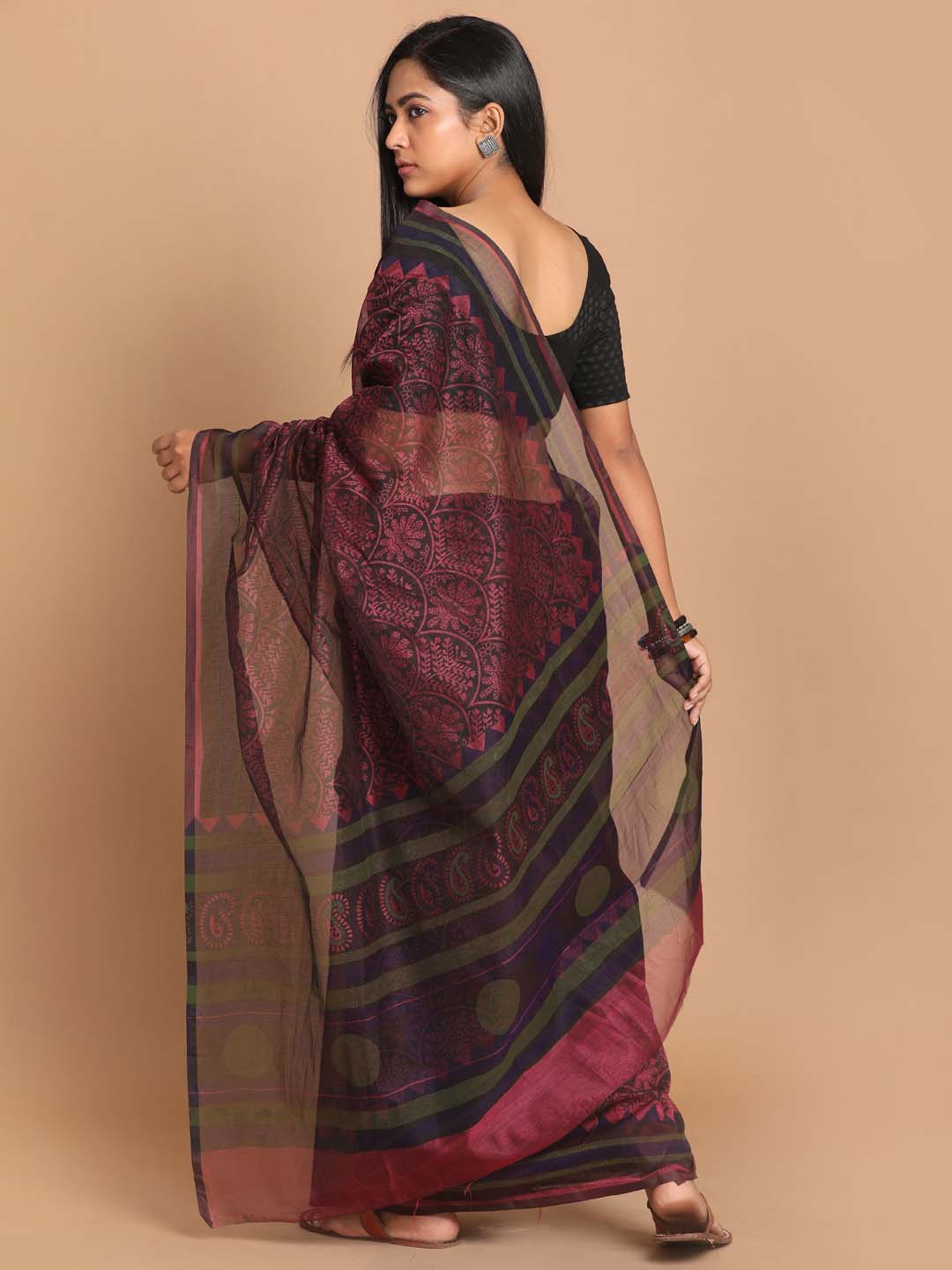 Indethnic Printed Cotton Blend Saree in Magenta - View 3