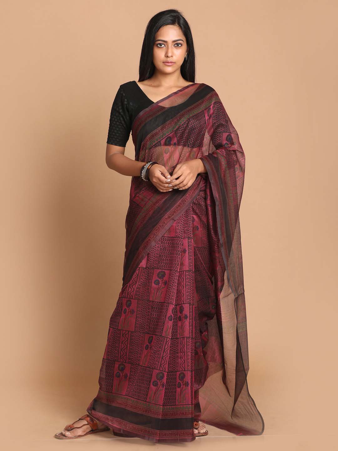 Indethnic Printed Cotton Blend Saree in Magenta - View 1