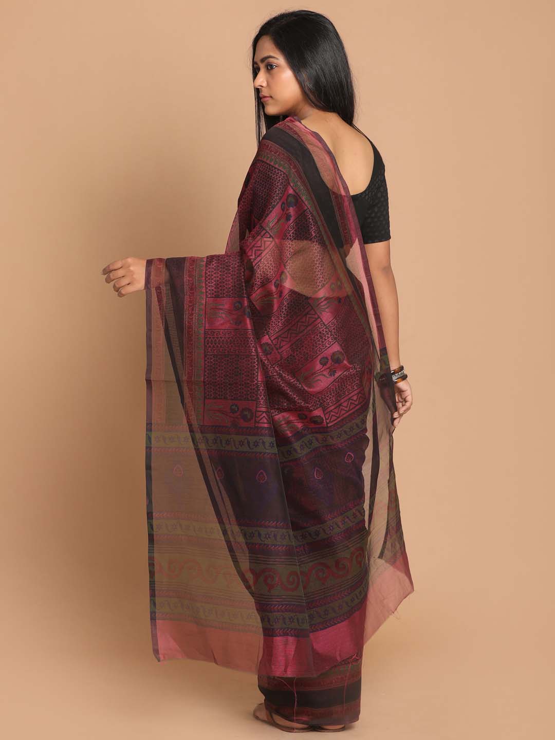 Indethnic Printed Cotton Blend Saree in Magenta - View 3