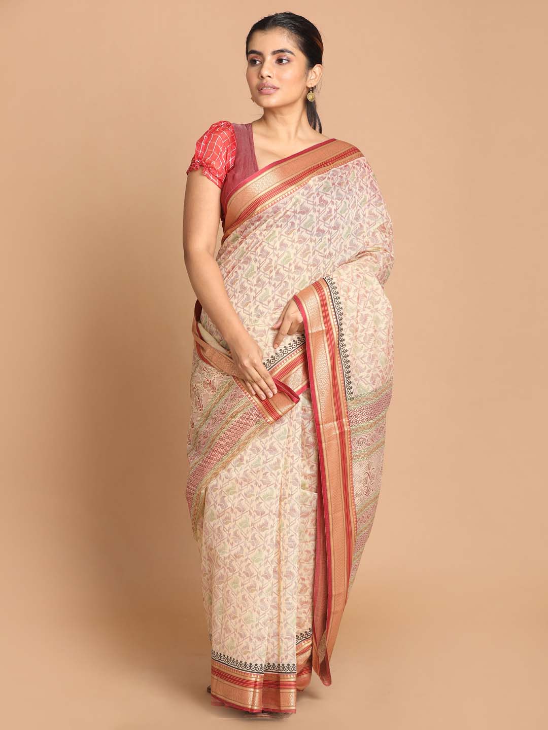 Indethnic Printed Cotton Blend Saree in Maroon - View 1