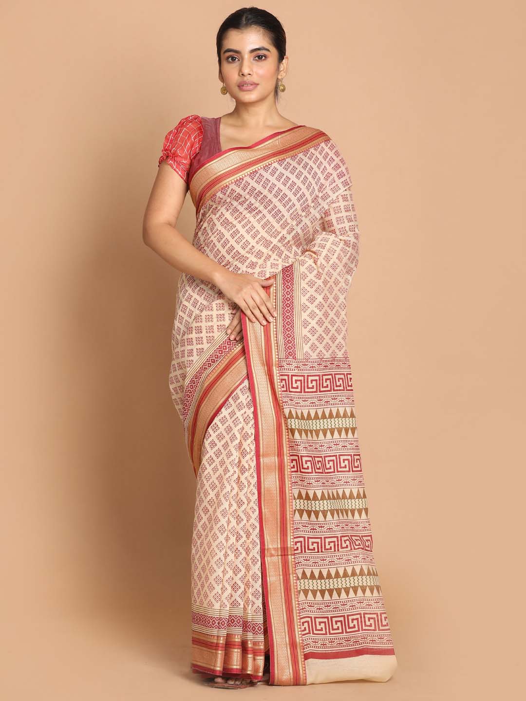 Indethnic Printed Cotton Blend Saree in Maroon - View 1