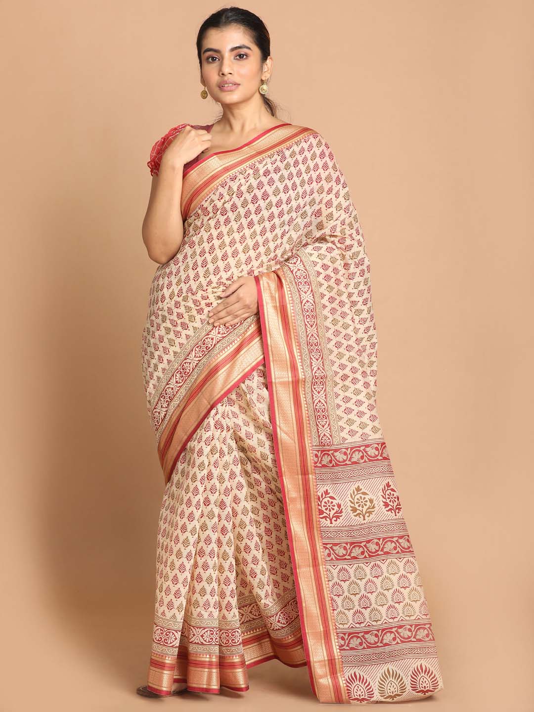 Indethnic Printed Cotton Blend Saree in Maroon - View 1