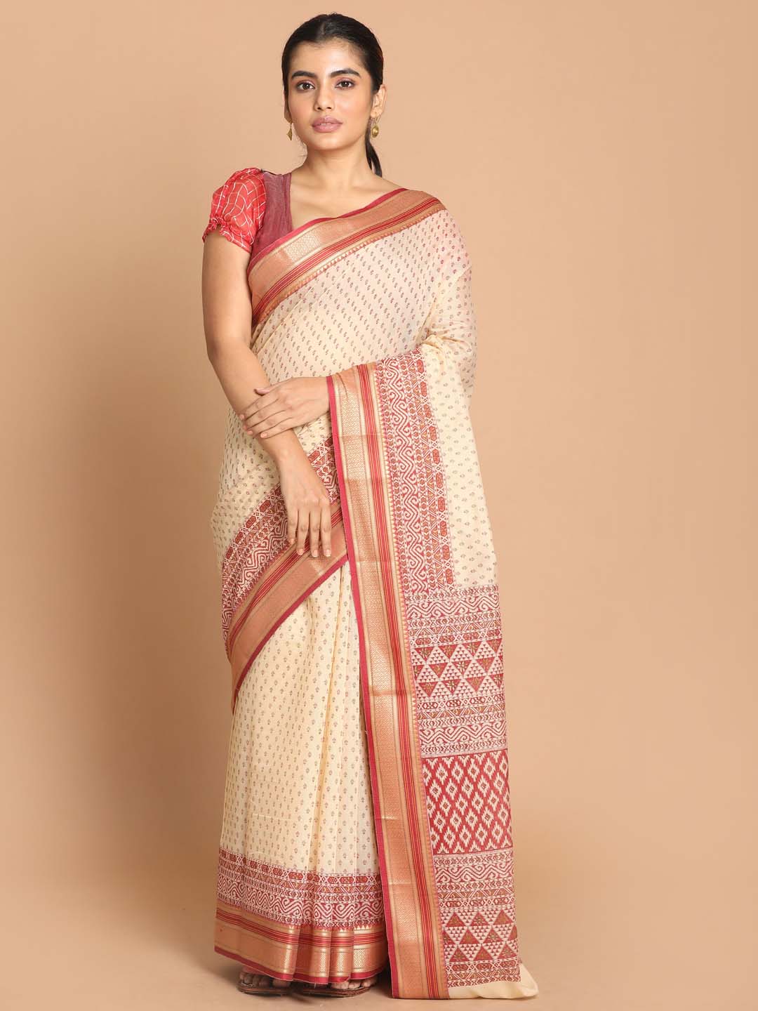 Indethnic Printed Cotton Blend Saree in Maroon - View 1