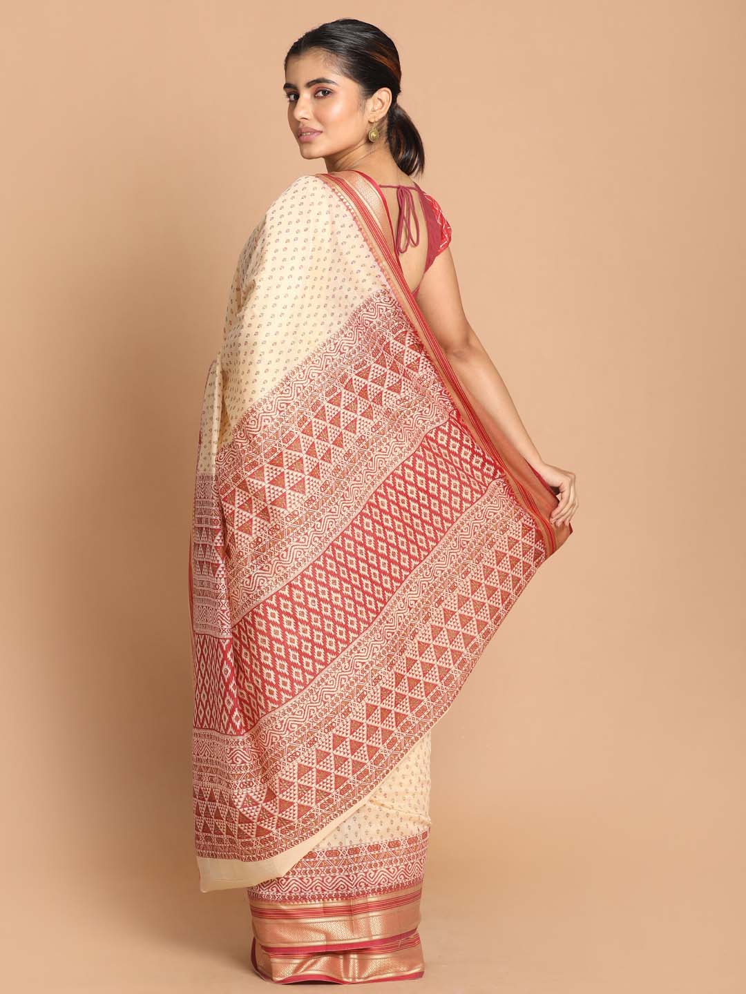 Indethnic Printed Cotton Blend Saree in Maroon - View 3