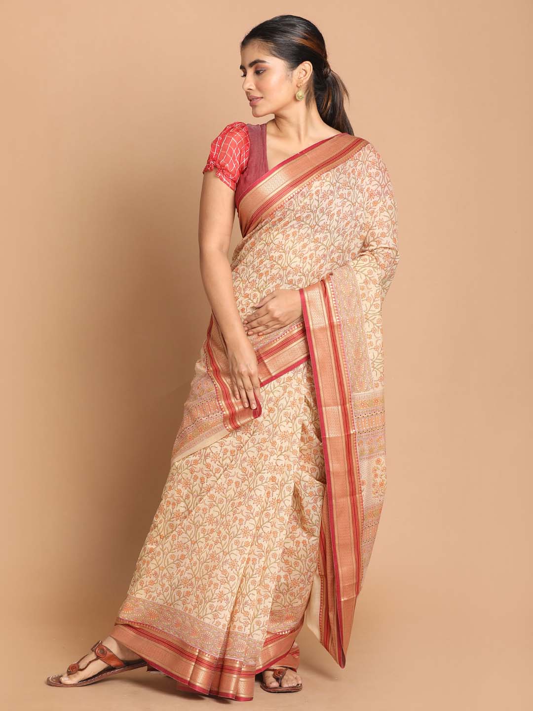 Indethnic Printed Cotton Blend Saree in Maroon - View 1