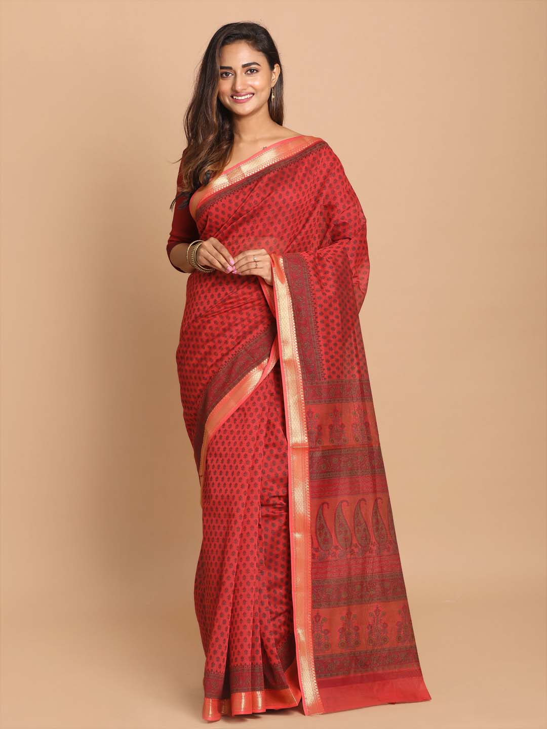 Indethnic Printed Cotton Blend Saree in Maroon - View 1