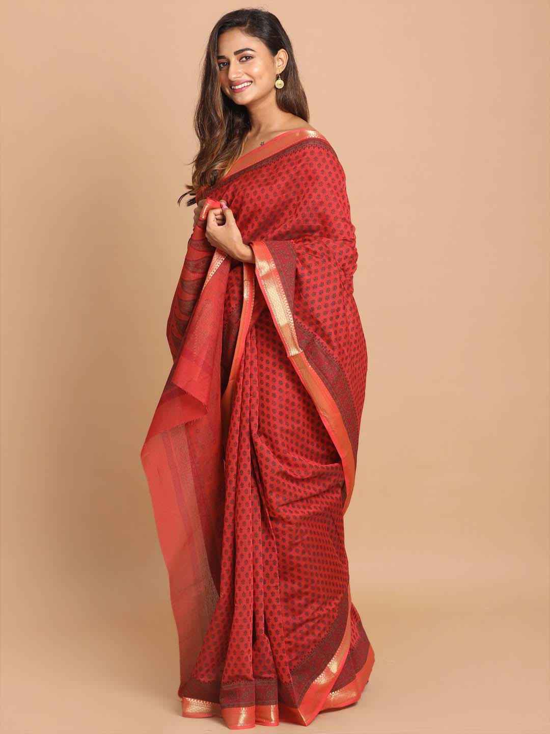 Indethnic Printed Cotton Blend Saree in Maroon - View 2