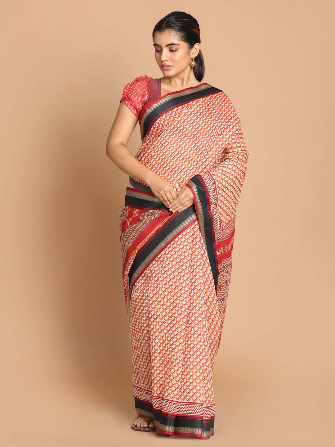 Indethnic Printed Cotton Blend Saree in Maroon - View 1