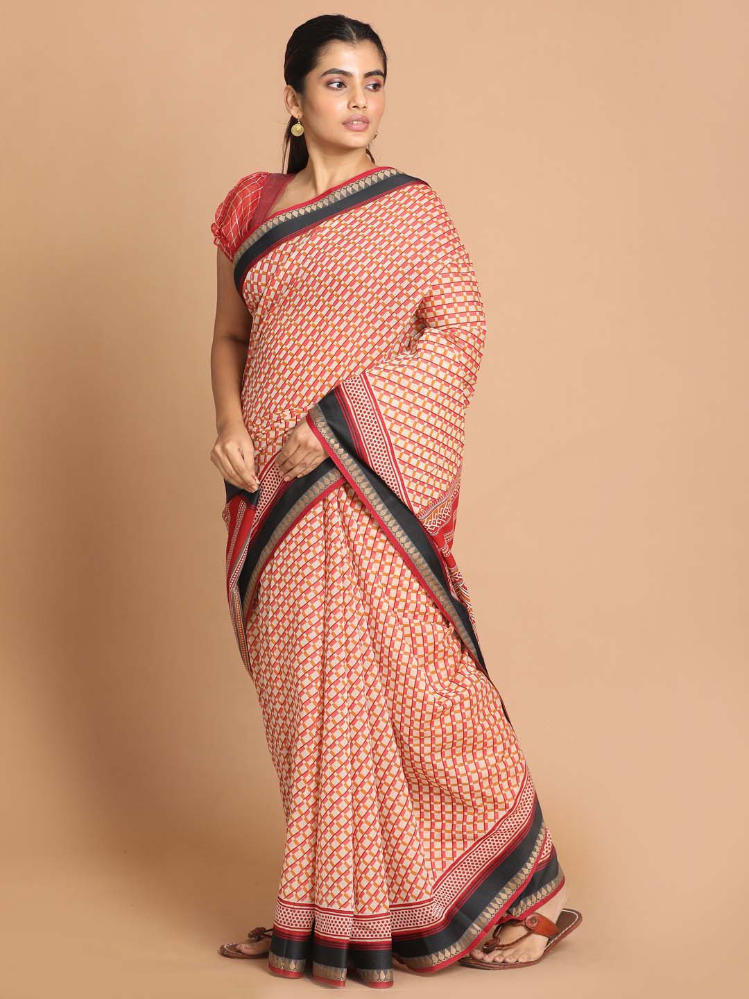 Indethnic Printed Cotton Blend Saree in Maroon - View 2