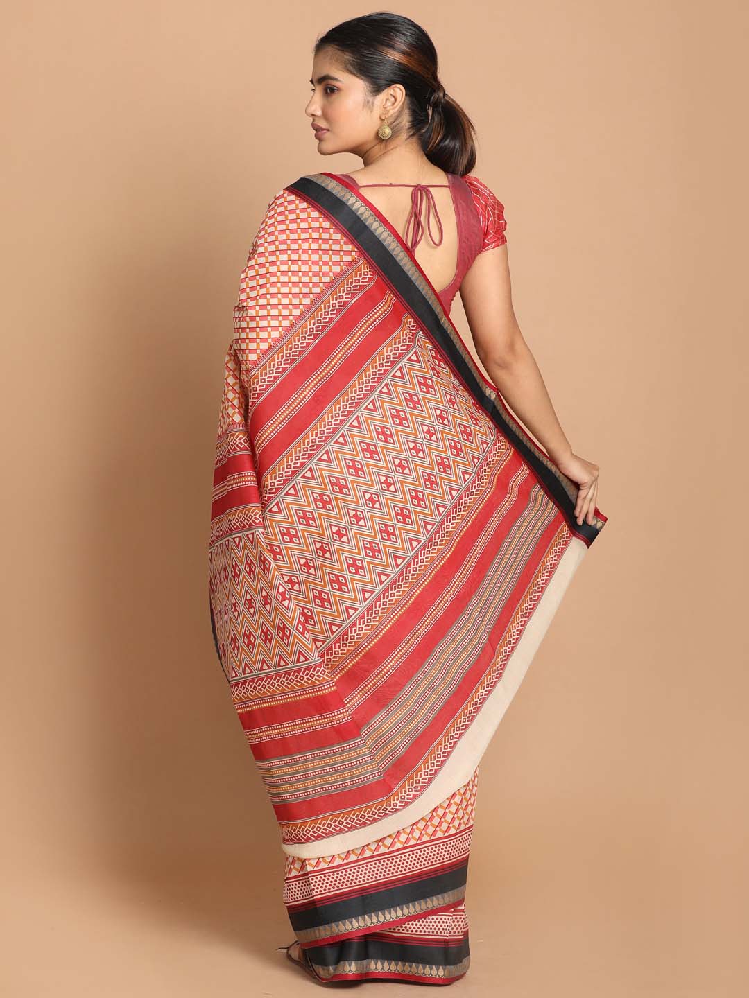 Indethnic Printed Cotton Blend Saree in Maroon - View 3