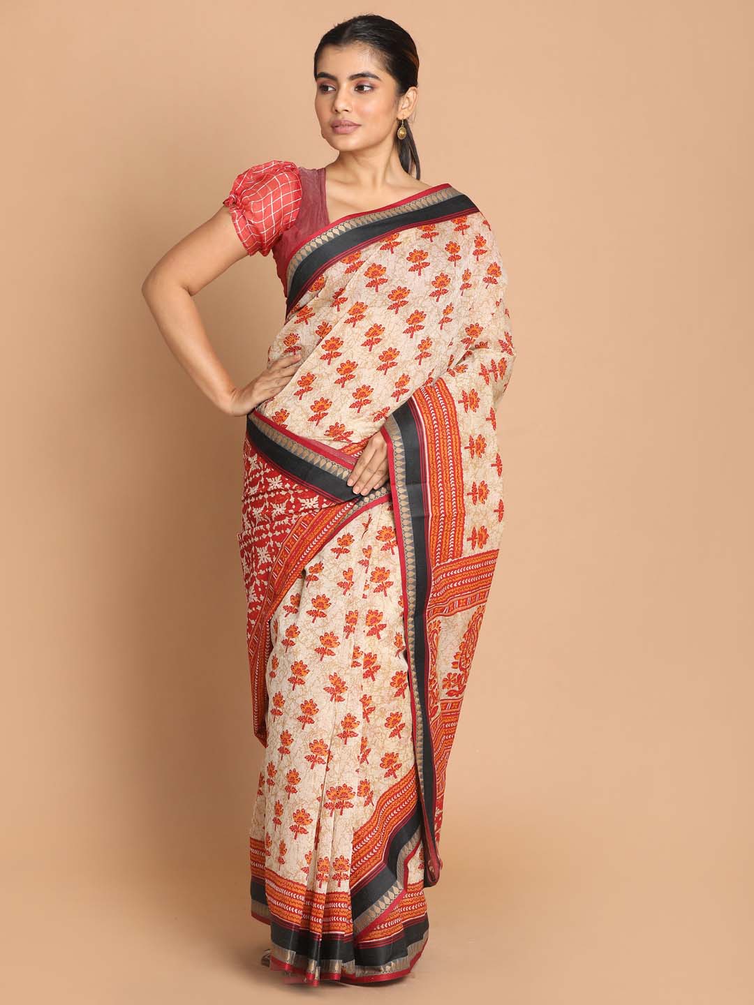 Indethnic Printed Cotton Blend Saree in Maroon - View 1