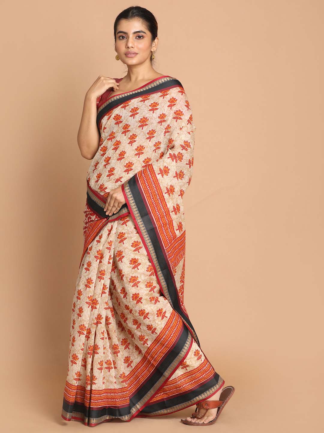 Indethnic Printed Cotton Blend Saree in Maroon - View 2