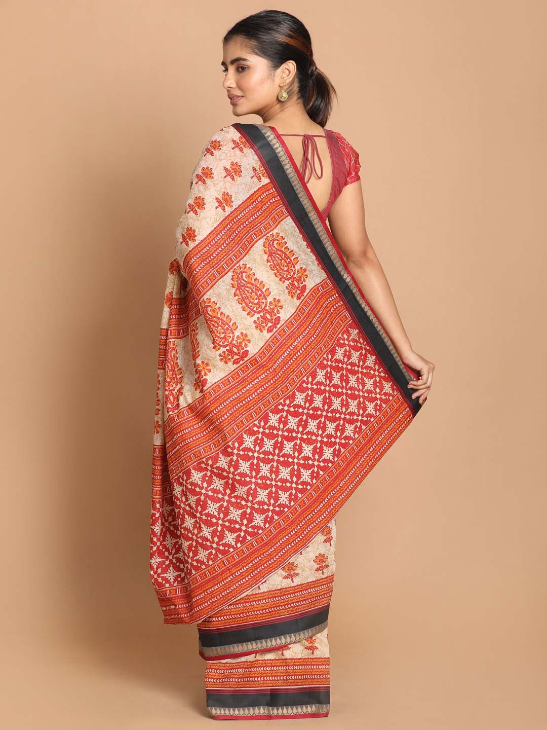 Indethnic Printed Cotton Blend Saree in Maroon - View 3