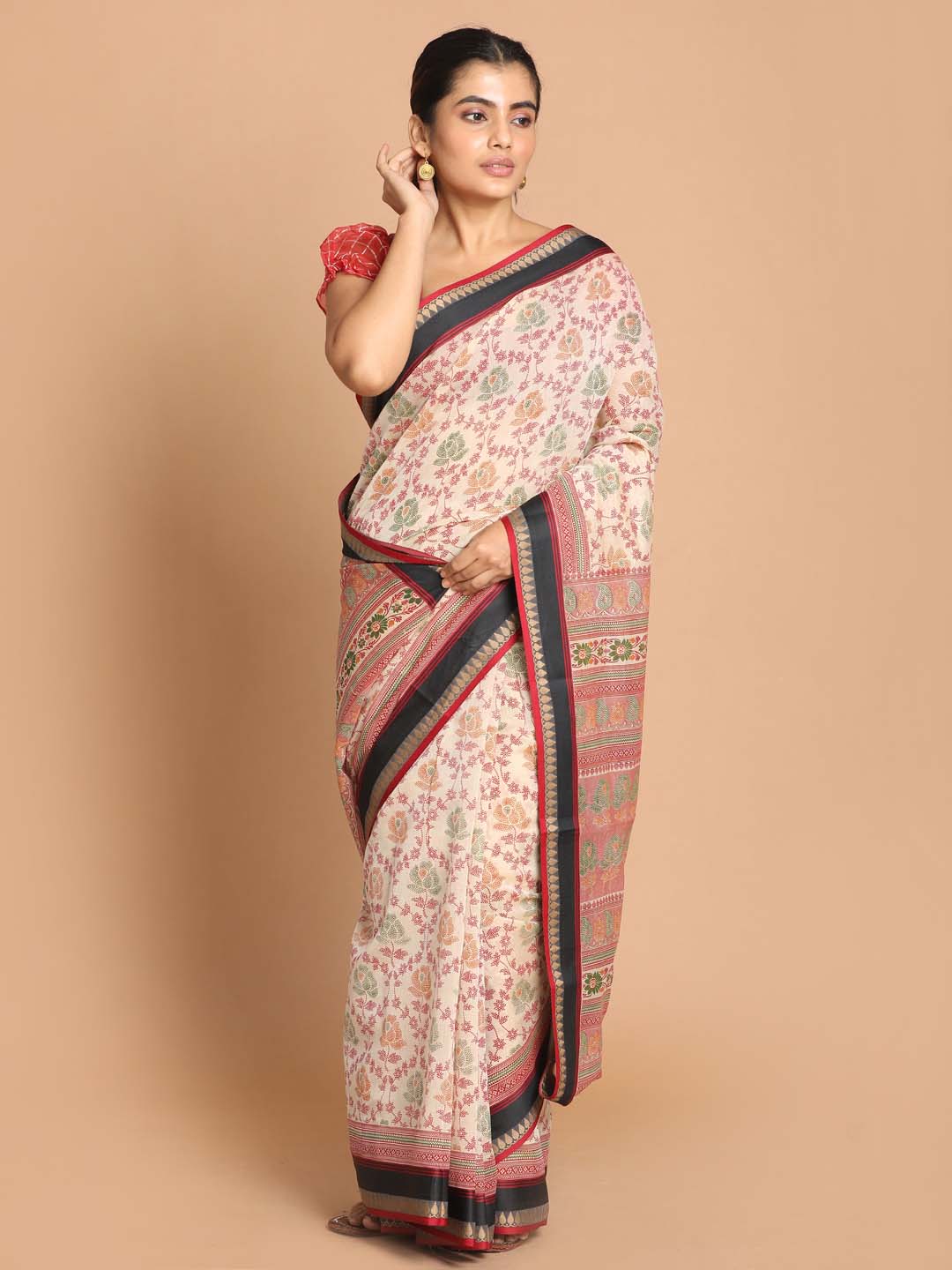 Indethnic Printed Cotton Blend Saree in Maroon - View 1