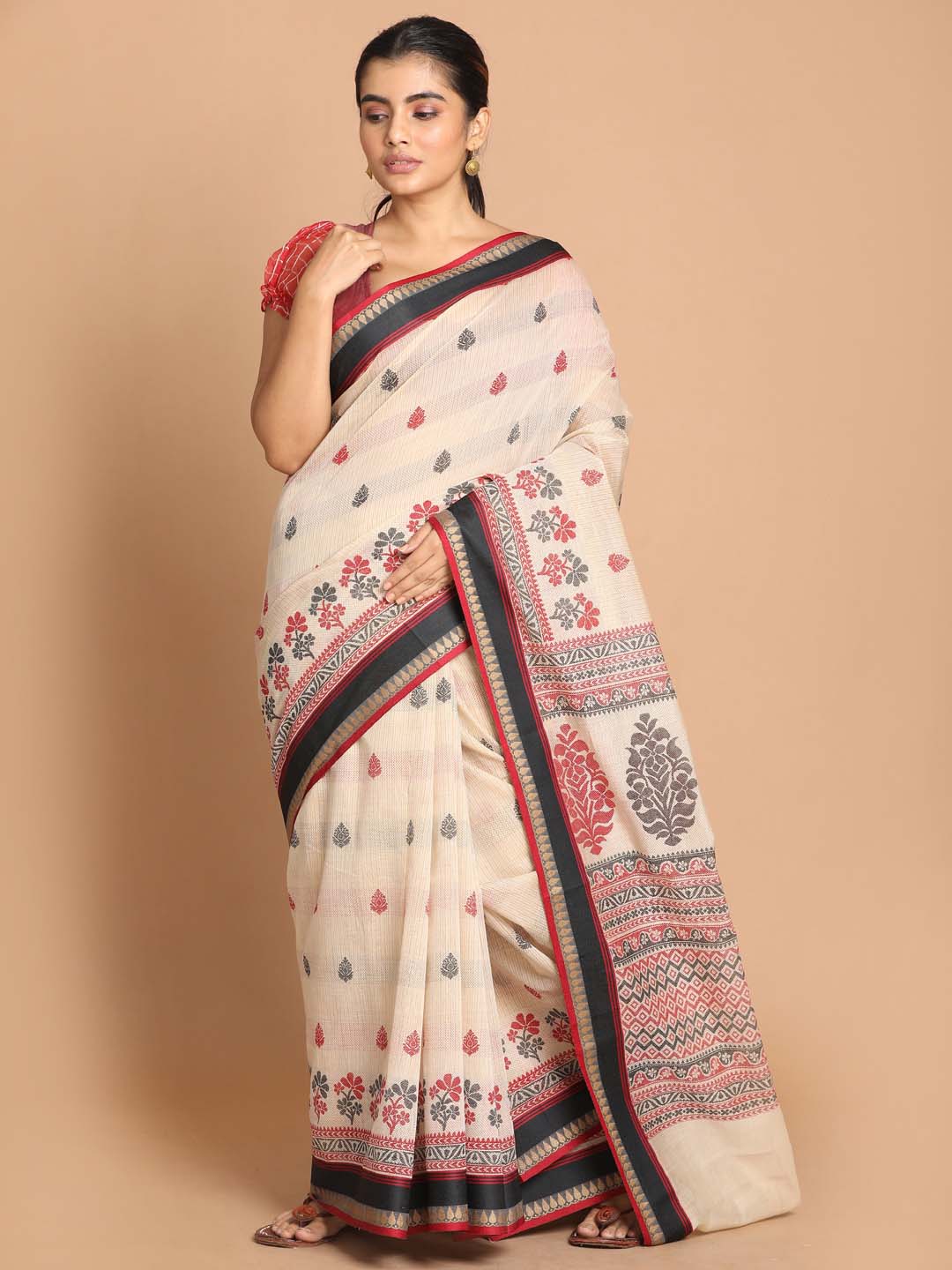 Indethnic Printed Cotton Blend Saree in Maroon - View 1