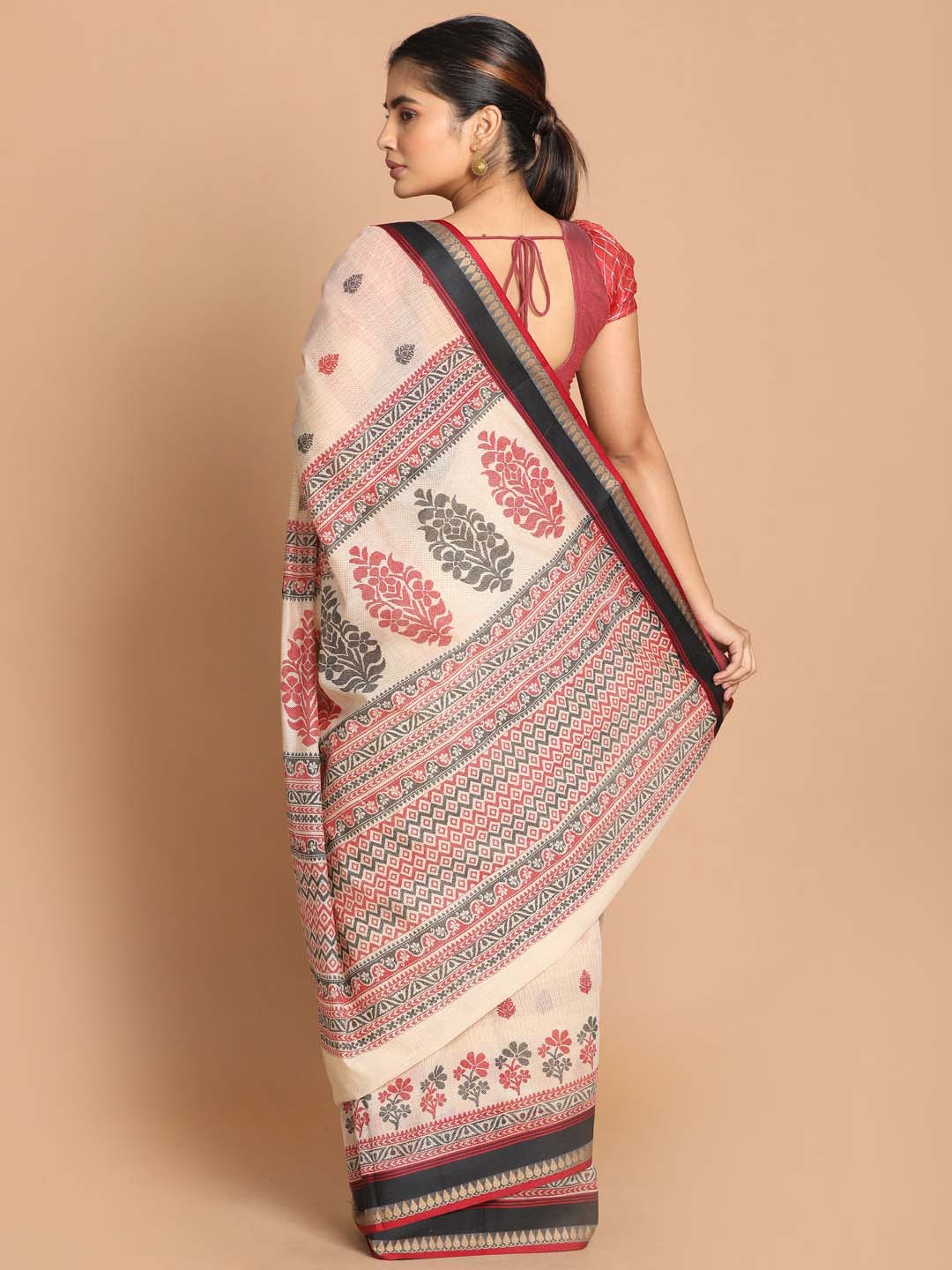 Indethnic Printed Cotton Blend Saree in Maroon - View 3