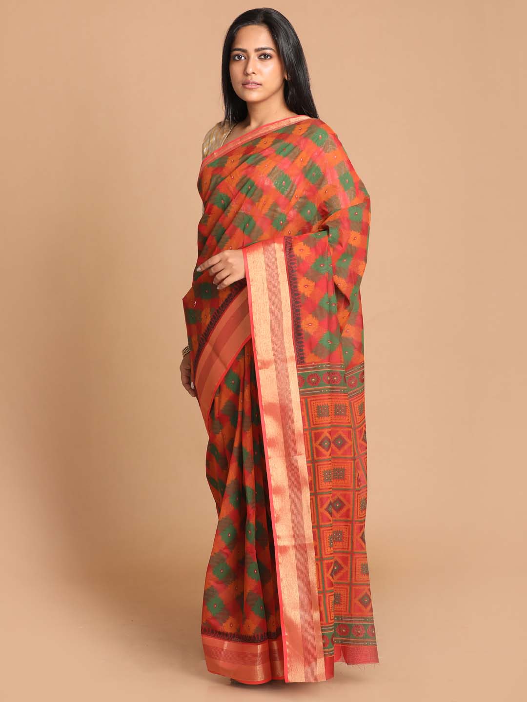 Indethnic Printed Cotton Blend Saree in Maroon - View 1