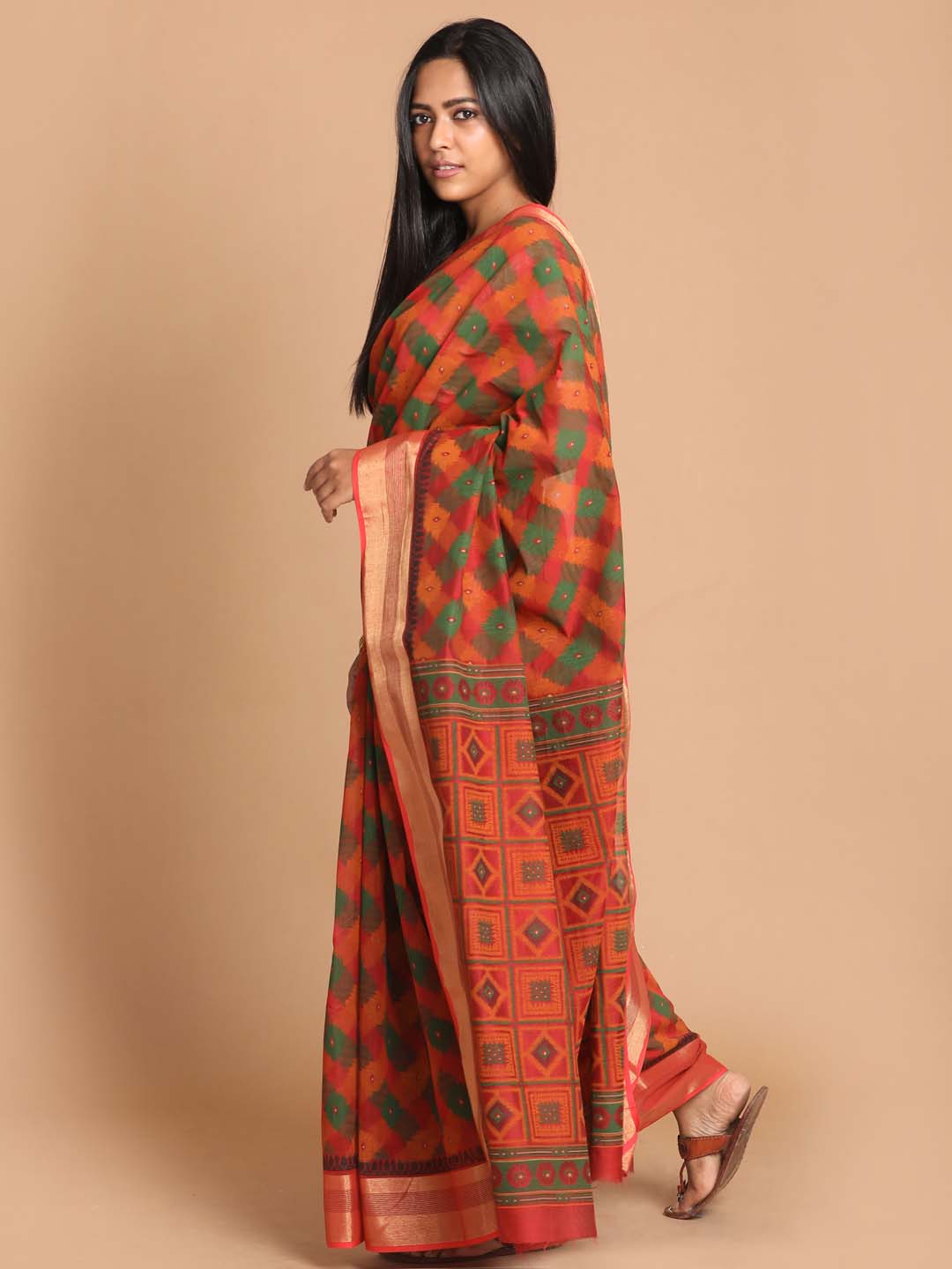 Indethnic Printed Cotton Blend Saree in Maroon - View 2