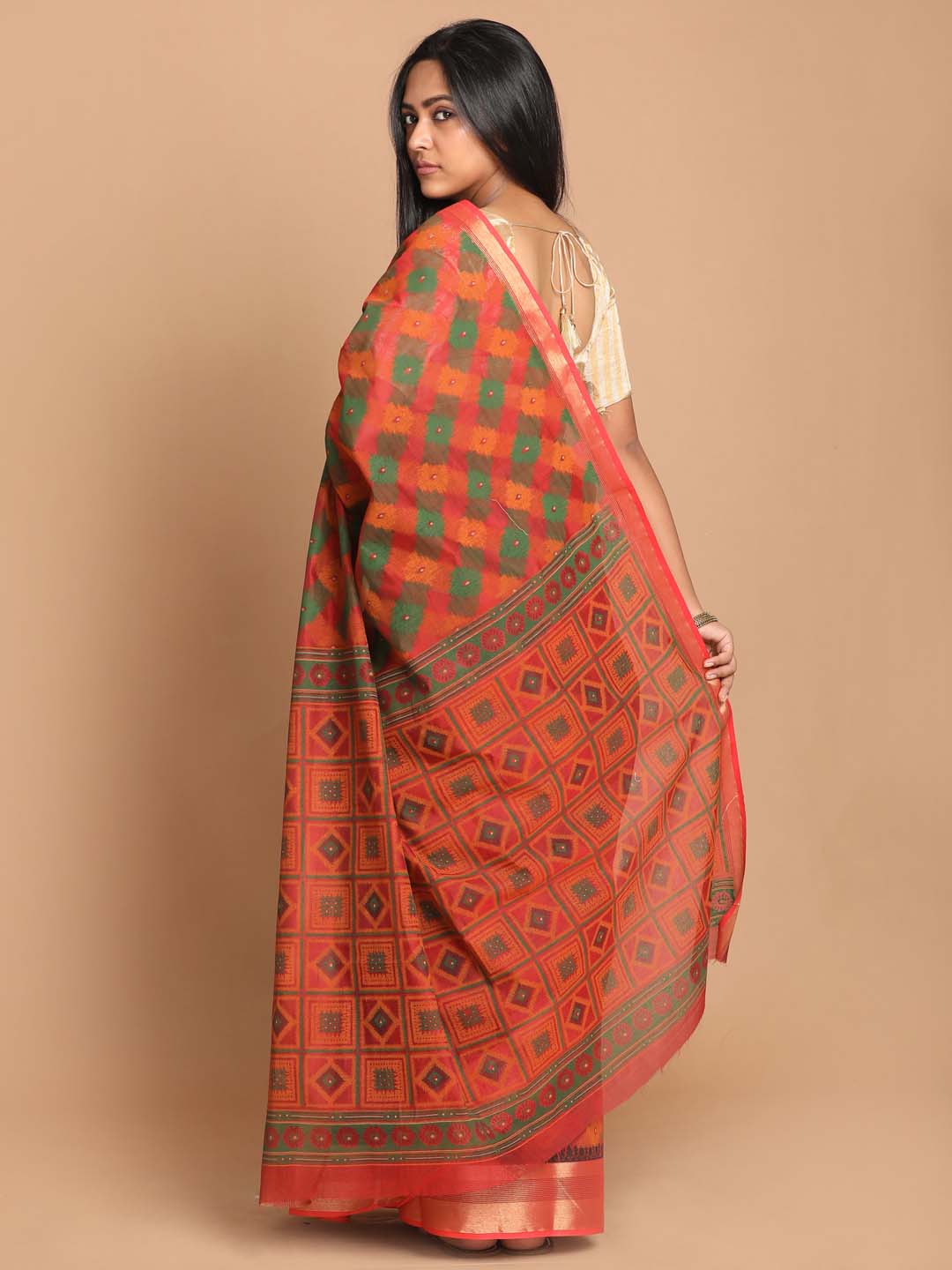 Indethnic Printed Cotton Blend Saree in Maroon - View 3