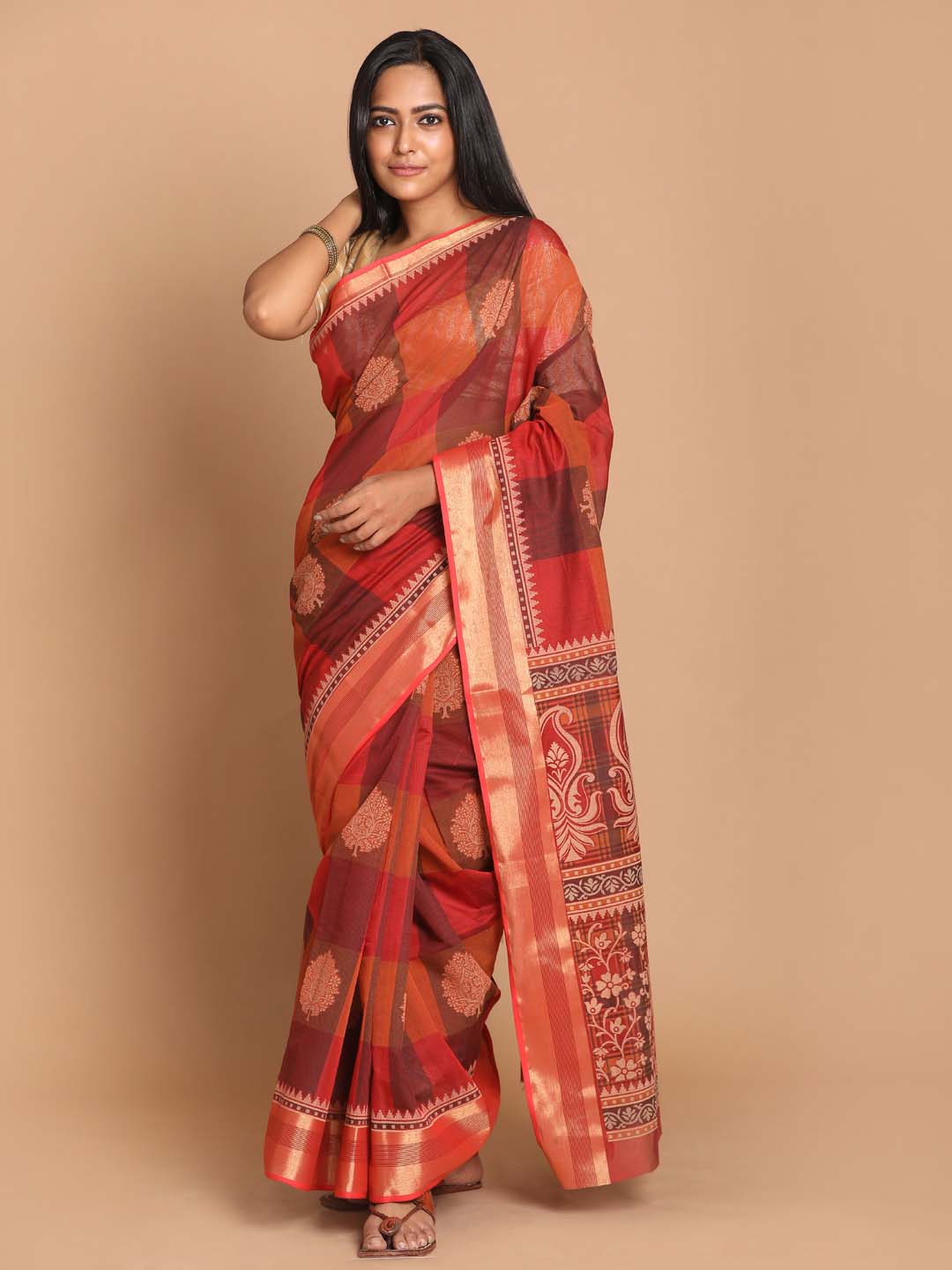 Indethnic Printed Cotton Blend Saree in Maroon - View 1