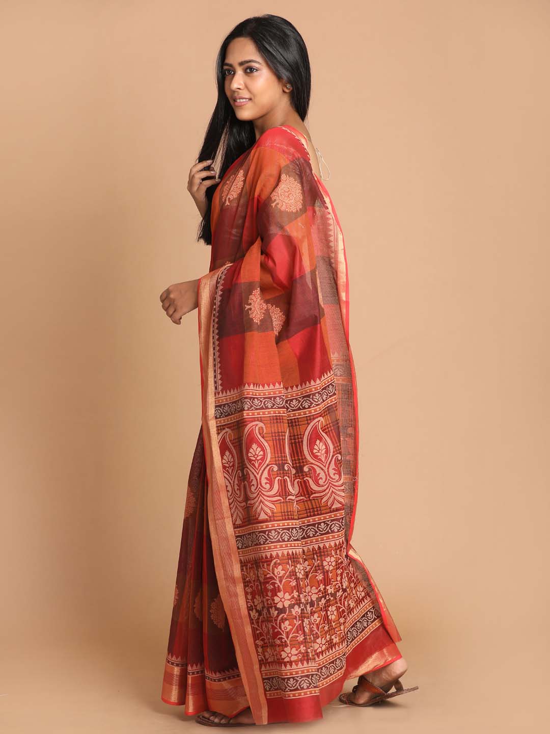 Indethnic Printed Cotton Blend Saree in Maroon - View 2