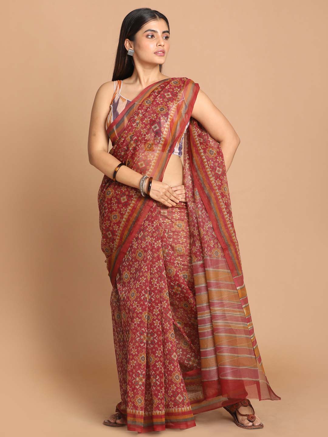 Indethnic Printed Cotton Blend Saree in Maroon - View 1