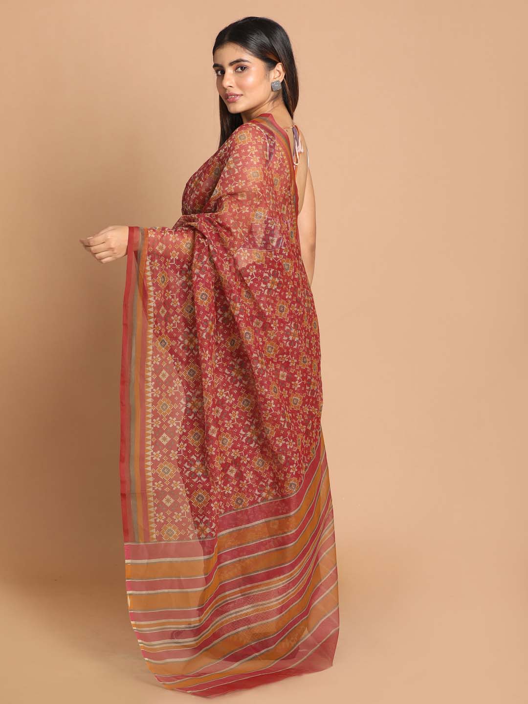 Indethnic Printed Cotton Blend Saree in Maroon - View 3