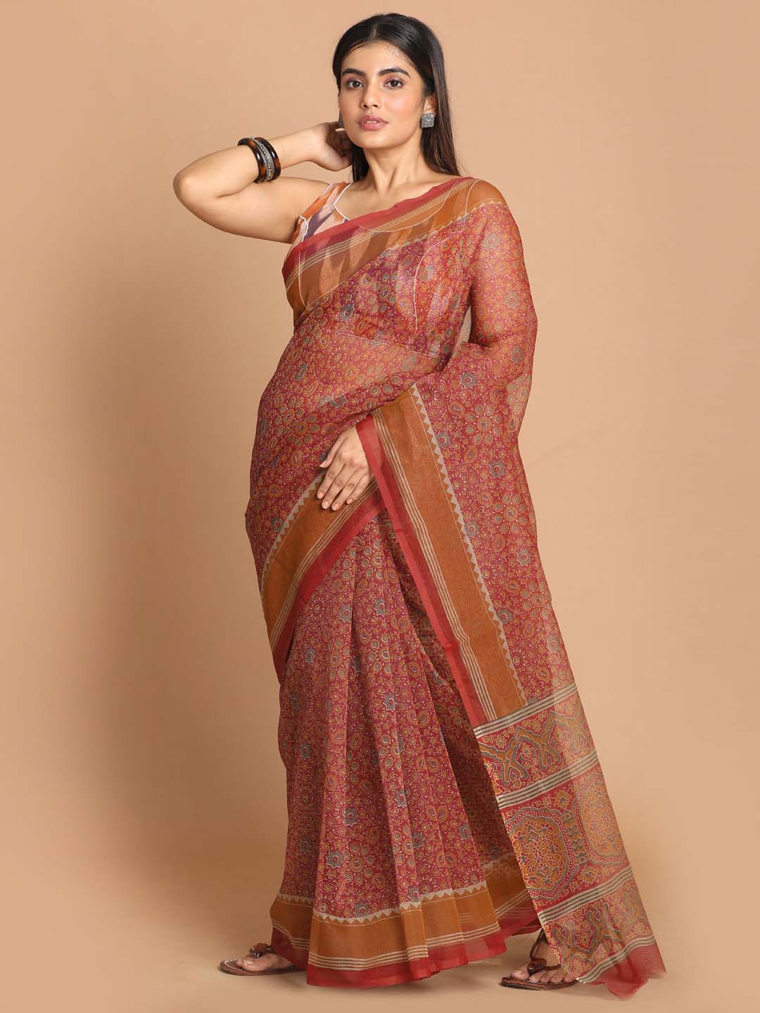 Indethnic Printed Cotton Blend Saree in Maroon - View 2